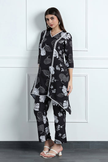 Womens Black Cotton Blend Floral Printed Knee Length Kurta With Trouser Set