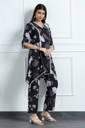 Womens Black Cotton Blend Floral Printed Knee Length Kurta With Trouser Set