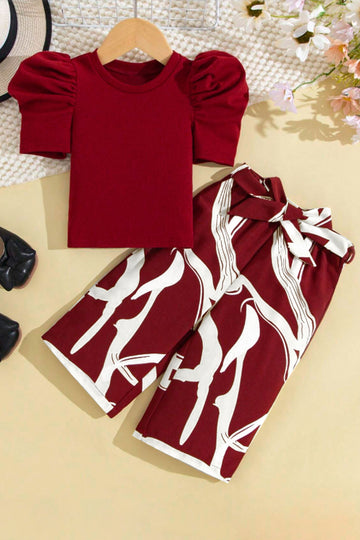Girls Maroon Rib Lycra Solid Top And Printed Pant Set