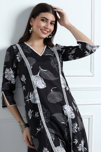 Womens Black Cotton Blend Floral Printed Knee Length Kurta With Trouser Set