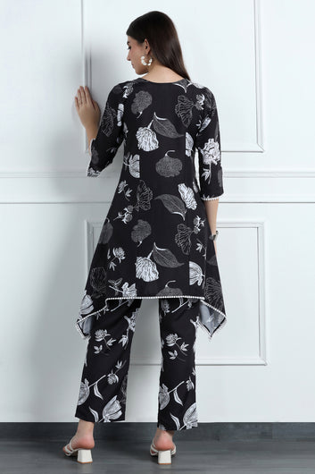 Womens Black Cotton Blend Floral Printed Knee Length Kurta With Trouser Set