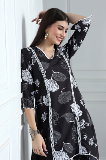 Womens Black Cotton Blend Floral Printed Knee Length Kurta With Trouser Set