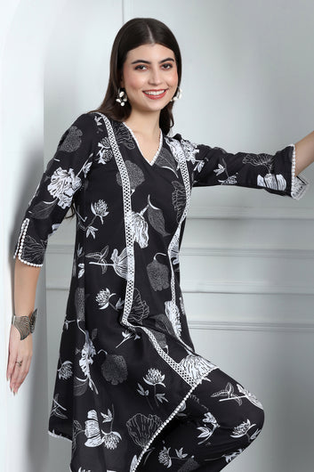 Womens Black Cotton Blend Floral Printed Knee Length Kurta With Trouser Set