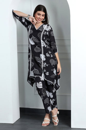 Womens Black Cotton Blend Floral Printed Knee Length Kurta With Trouser Set