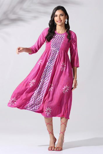 Womens Pink Viscose Rayon Tie Dye Printed Calf Length Dress