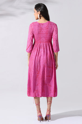 Womens Pink Viscose Rayon Tie Dye Printed Calf Length Dress