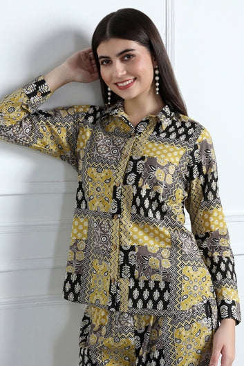 Womens Multicolor Cotton Blend Printed Shirt Style Kurta With Pant Set