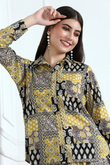 Womens Multicolor Cotton Blend Printed Shirt Style Kurta With Pant Set