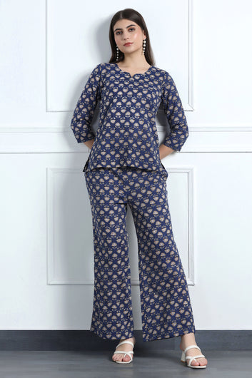 Womens Blue Cotton Blend Printed Kurta With Pant Set