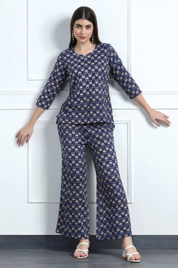 Womens Blue Cotton Blend Printed Kurta With Pant Set