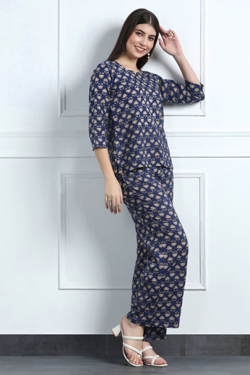 Womens Blue Cotton Blend Printed Kurta With Pant Set