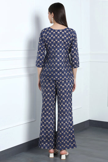 Womens Blue Cotton Blend Printed Kurta With Pant Set