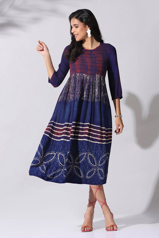 Womens Navy Blue Viscose Rayon Tie & Dye Printed Calf Length Dress