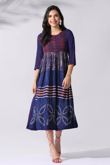 Womens Navy Blue Viscose Rayon Tie & Dye Printed Calf Length Dress