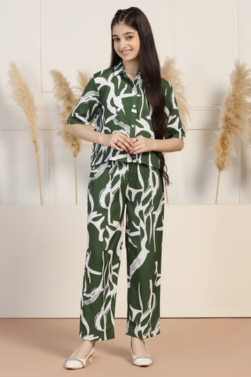 Girls Olive Cotton Blend Abstract Printed Top And Pant Set
