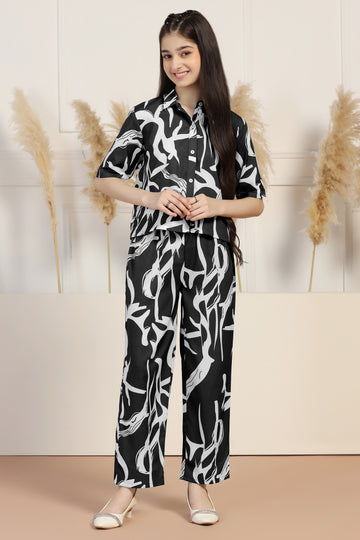 Girls Black Cotton Blend Abstract Printed Top And Pant Set