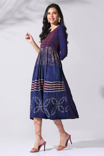 Womens Navy Blue Viscose Rayon Tie & Dye Printed Calf Length Dress