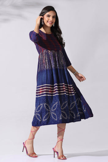 Womens Navy Blue Viscose Rayon Tie & Dye Printed Calf Length Dress