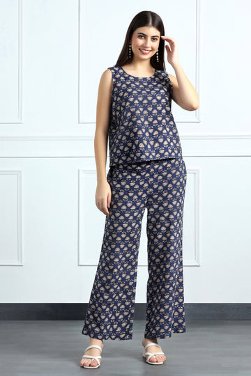 Womens Blue Cotton Blend Printed Kurta With Pant Set