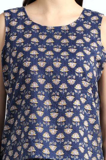 Womens Blue Cotton Blend Printed Kurta With Pant Set