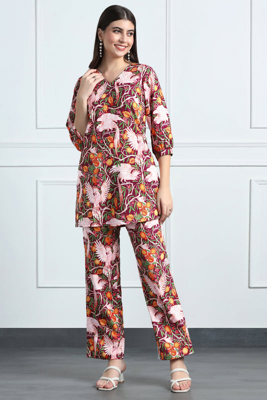 Womens Magenta Cotton Blend Printed Co-ords Top With Trouser Set