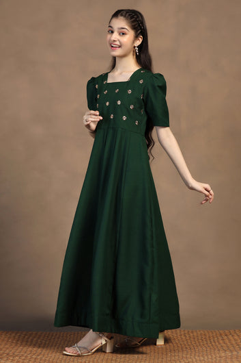 Girls Bottle Green Cotton Blend Embroidered Fit & Flare Maxi Length Dress