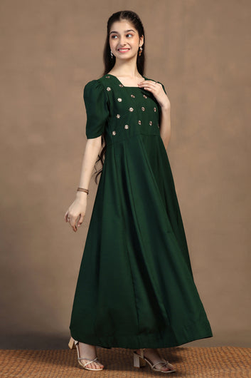 Girls Bottle Green Cotton Blend Embroidered Fit & Flare Maxi Length Dress