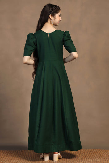 Girls Bottle Green Cotton Blend Embroidered Fit & Flare Maxi Length Dress