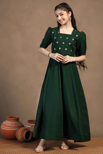 Girls Bottle Green Cotton Blend Embroidered Fit & Flare Maxi Length Dress