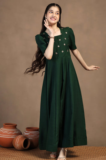 Girls Bottle Green Cotton Blend Embroidered Fit & Flare Maxi Length Dress