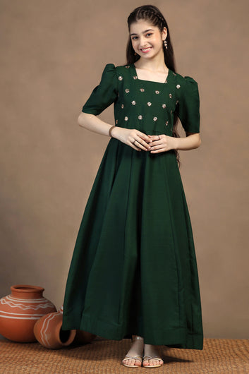 Girls Bottle Green Cotton Blend Embroidered Fit & Flare Maxi Length Dress