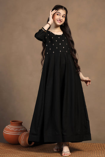 Girls Black Cotton Blend Embroidered Fit & Flare Maxi Length Dress