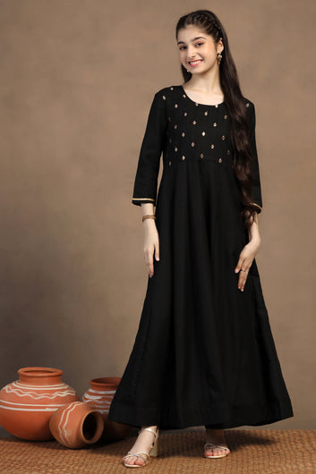 Girls Black Cotton Blend Embroidered Fit & Flare Maxi Length Dress