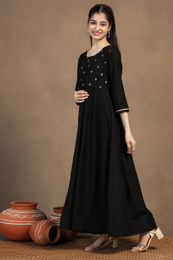 Girls Black Cotton Blend Embroidered Fit & Flare Maxi Length Dress