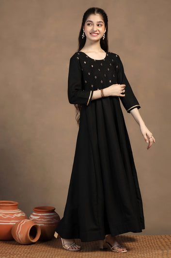 Girls Black Cotton Blend Embroidered Fit & Flare Maxi Length Dress