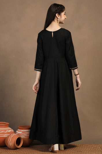 Girls Black Cotton Blend Embroidered Fit & Flare Maxi Length Dress