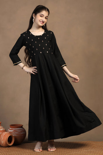 Girls Black Cotton Blend Embroidered Fit & Flare Maxi Length Dress