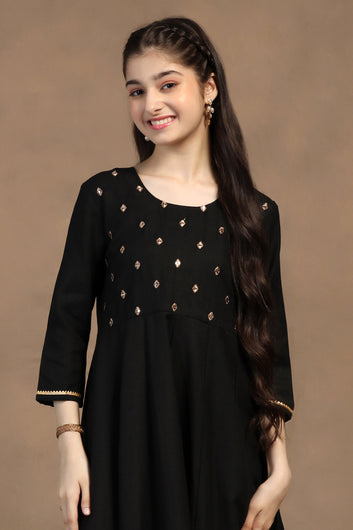 Girls Black Cotton Blend Embroidered Fit & Flare Maxi Length Dress