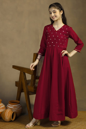 Girls Maroon Cotton Blend Embroidered Fit & Flare Maxi Length Dress