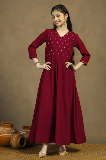 Girls Maroon Cotton Blend Embroidered Fit & Flare Maxi Length Dress