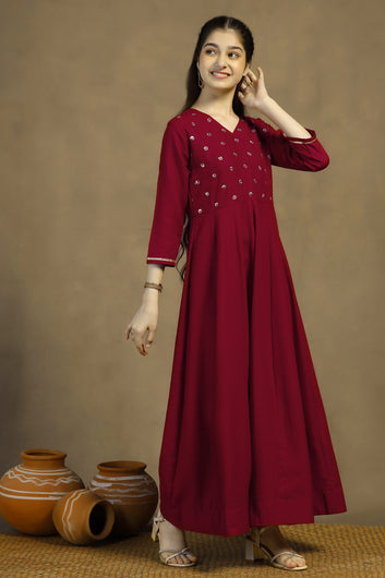 Girls Maroon Cotton Blend Embroidered Fit & Flare Maxi Length Dress