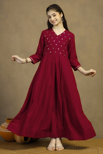 Girls Maroon Cotton Blend Embroidered Fit & Flare Maxi Length Dress