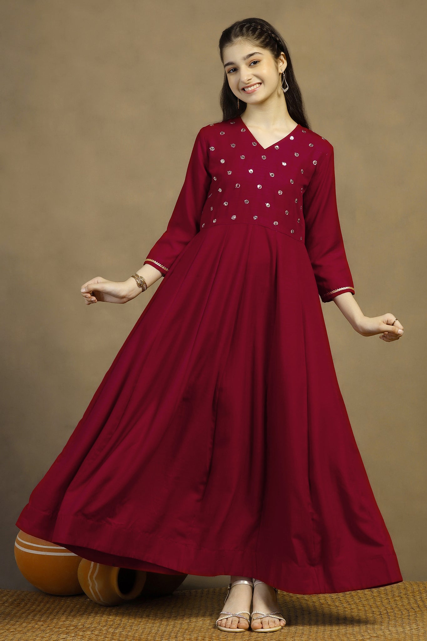 Girls Maroon Cotton Blend Embroidered Fit & Flare Maxi Length Dress