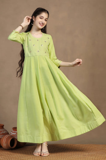 Girls Pista Cotton Blend Embroidered Fit & Flare Maxi Length Dress