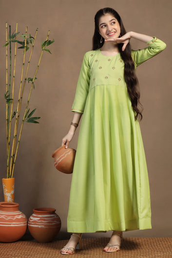 Girls Pista Cotton Blend Embroidered Fit & Flare Maxi Length Dress