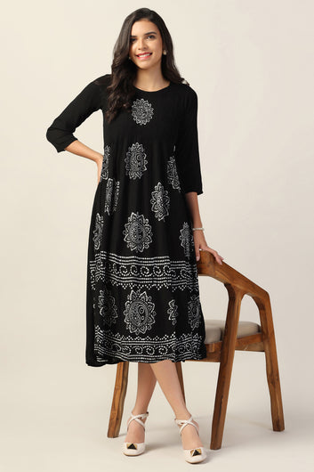 Womens Black Viscose Rayon Tie & Dye Printed Calf Length Dress