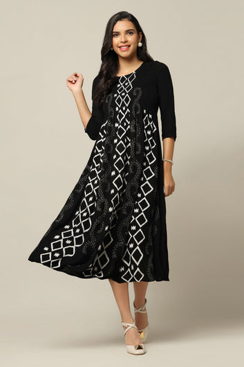 Womens Black Viscose Rayon Tie & Dye Printed Calf Length Dress