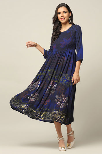 Womens Dark Blue Viscose Rayon Tie & Dye Printed Calf Length Dress