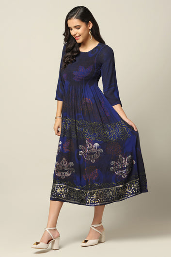 Womens Dark Blue Viscose Rayon Tie & Dye Printed Calf Length Dress