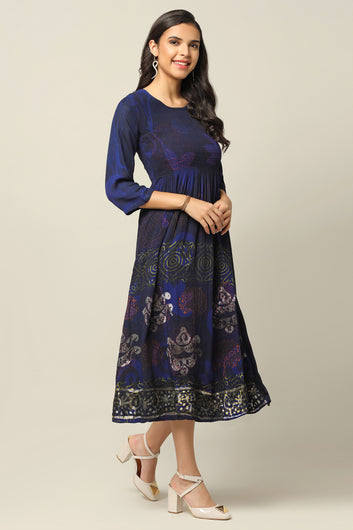 Womens Dark Blue Viscose Rayon Tie & Dye Printed Calf Length Dress